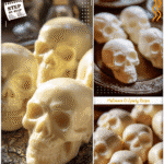 Skeleton themed food featuring mozzarella skulls on a platter for Halloween wedding appetizers