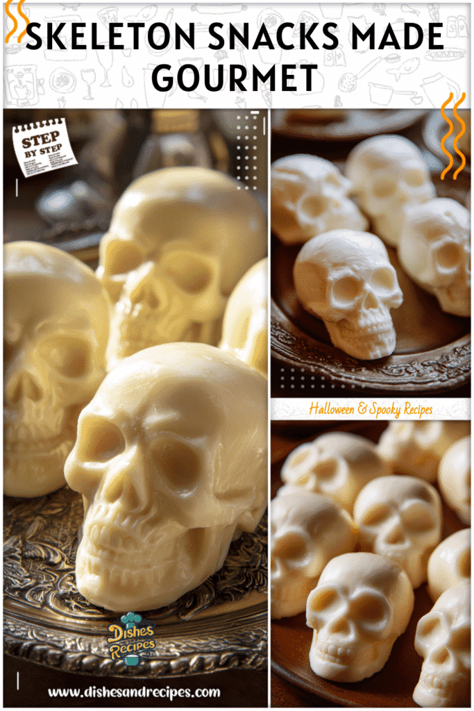 Skeleton themed food featuring mozzarella skulls on a platter for Halloween wedding appetizers