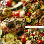 One-Pan Healthy Chicken & Zucchini Mediterranean Bake 5 Baked chicken with zucchini and Mediterranean herbs arranged on a sheet pan.