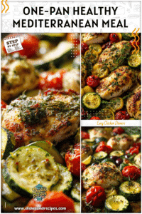 Claire Holloway 7 Baked chicken with zucchini and Mediterranean herbs arranged on a sheet pan.