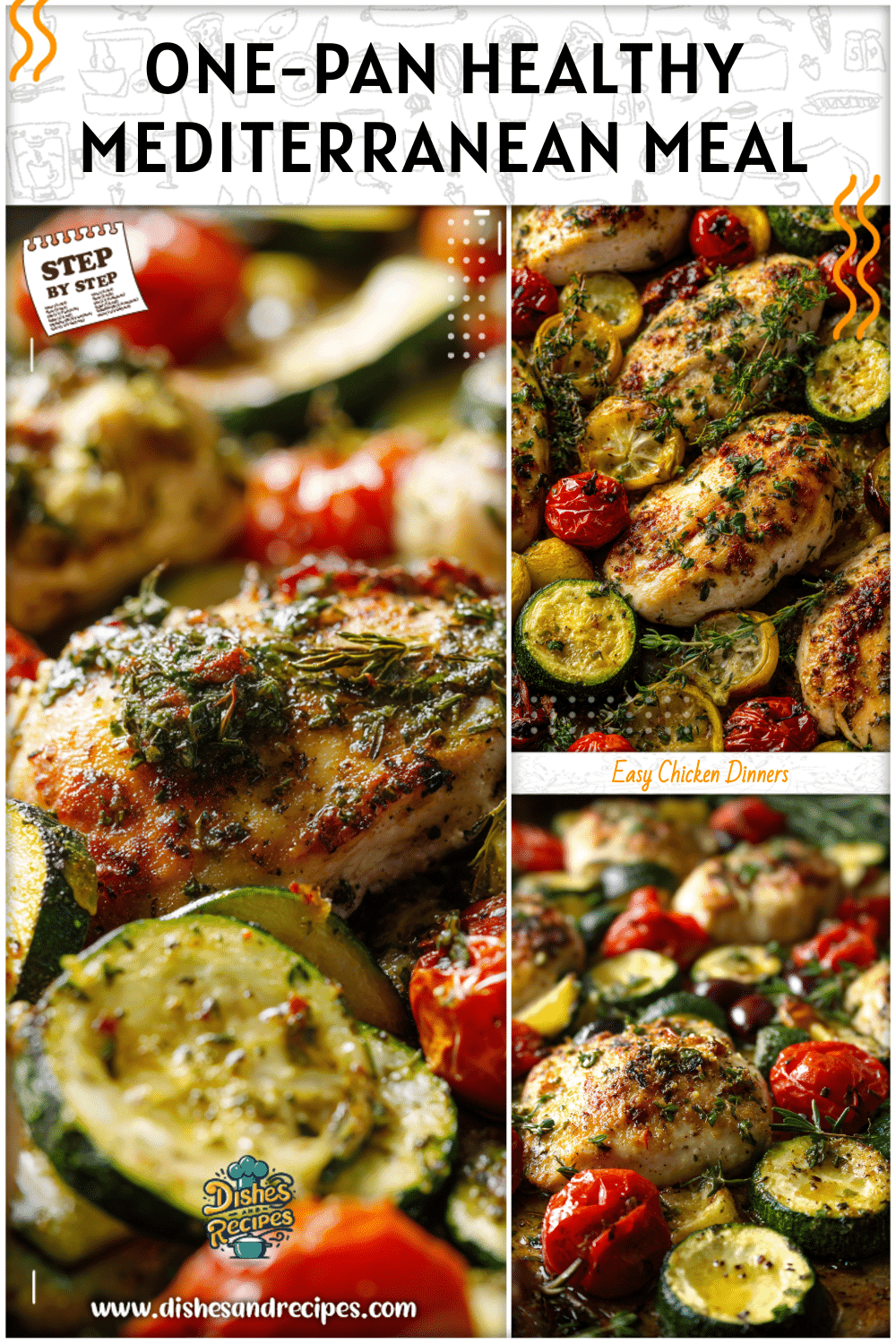 Baked chicken with zucchini and Mediterranean herbs arranged on a sheet pan.
