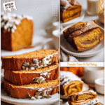 Pane Dolce Inspired Pumpkin Bread with Cinnamon Layers 5 Pumpkin bread with cinnamon layers styled as pane dolce on a white plate for fall gatherings.