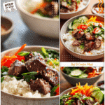 Petite Cuisine Style Korean Steak Rice Bowls 5 Elegant petite cuisine style Korean steak and rice bowl garnished with fresh veggies and sauce.