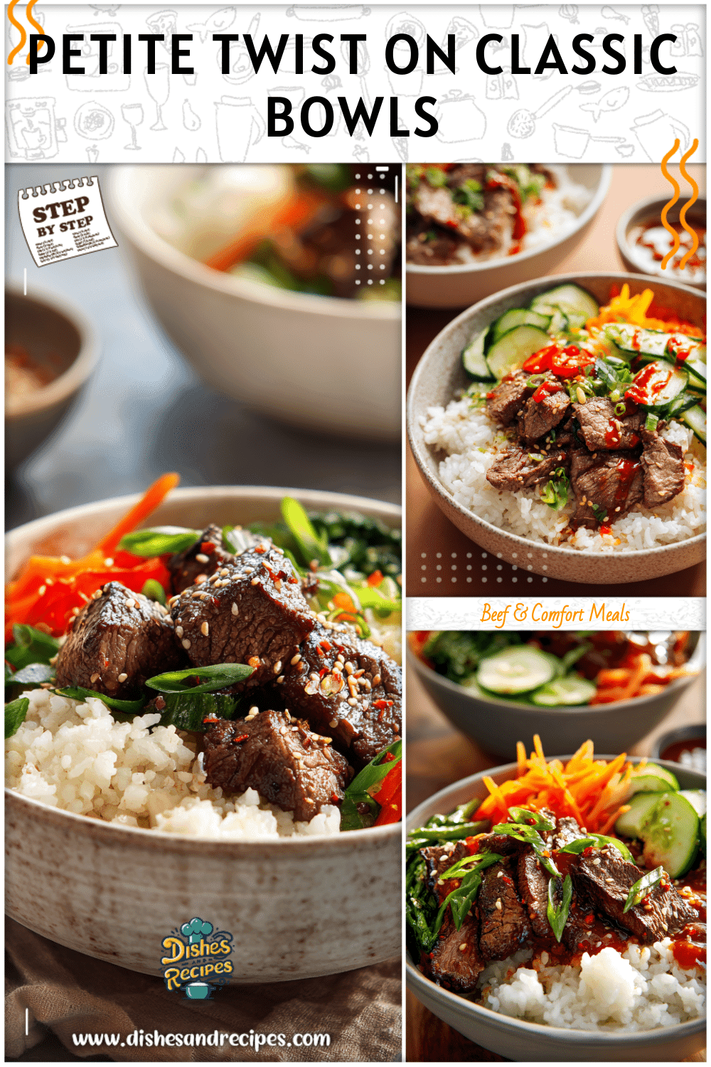 Elegant petite cuisine style Korean steak and rice bowl garnished with fresh veggies and sauce.