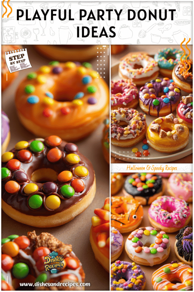 Home 32 Donuts with colorful candy toppings styled for a festive Halloween and fall party food spread