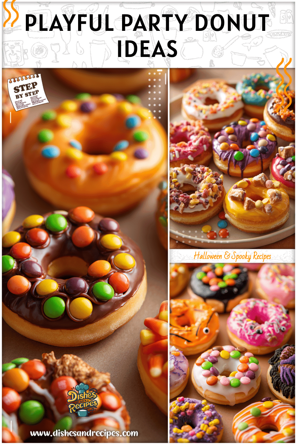 Donuts with colorful candy toppings styled for a festive Halloween and fall party food spread