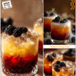 Two glasses of poisoned apple cider layered with blackberries as cool Halloween cocktails