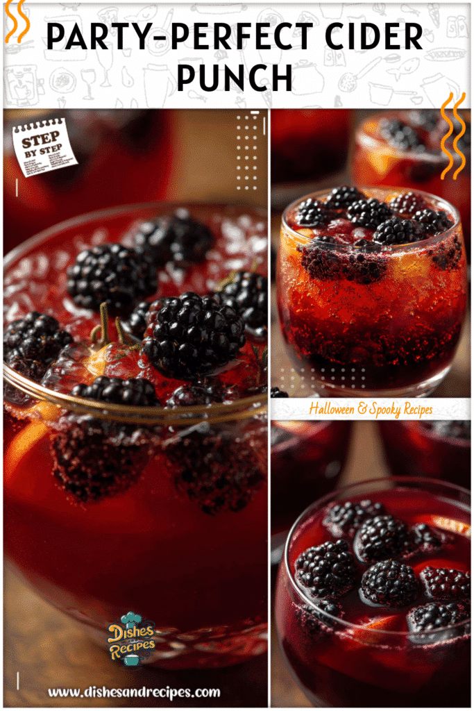 Punch bowl filled with poisoned apple cider garnished with blackberries for Halloween