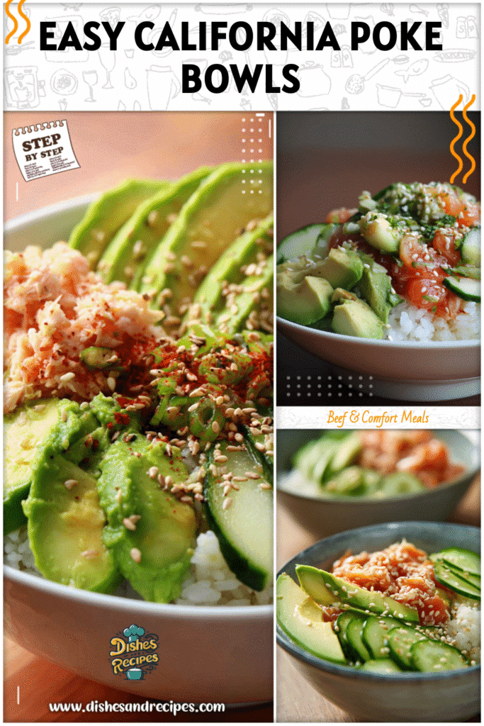 Home 13 A poke-inspired California roll bowl layered with rice, crab, cucumber, and sliced avocado topped with sesame seeds.