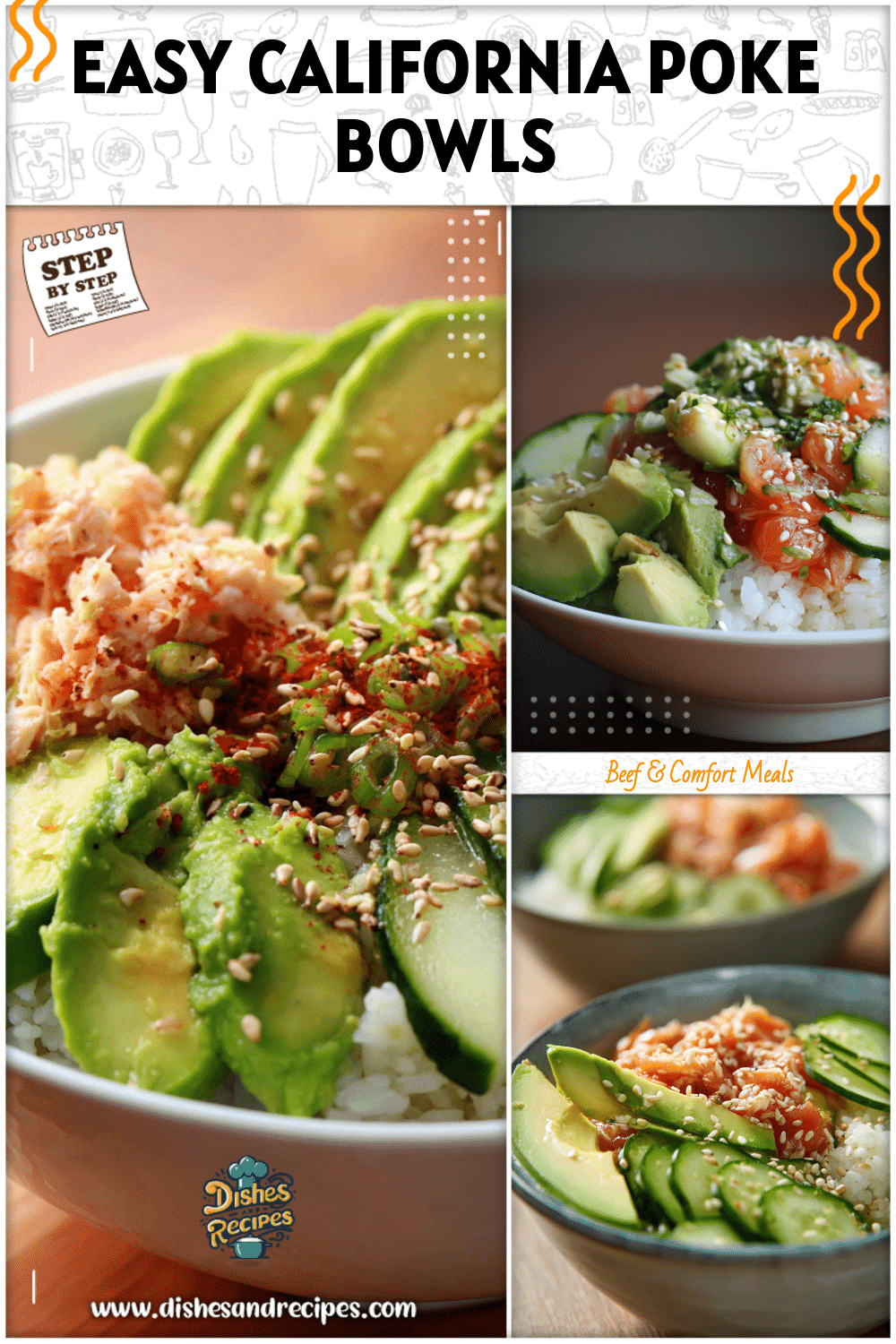 A poke-inspired California roll bowl layered with rice, crab, cucumber, and sliced avocado topped with sesame seeds.