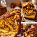 A rich pumpkin dessert bread with visible cinnamon swirl slices shown on a fall table setting.