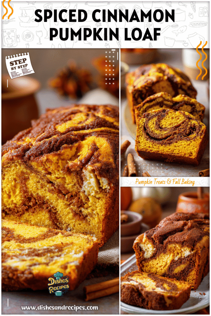 Home 9 A rich pumpkin dessert bread with visible cinnamon swirl slices shown on a fall table setting.