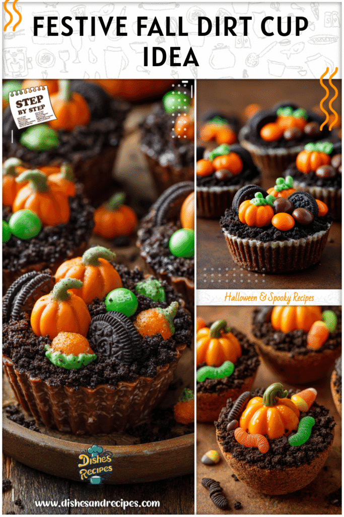 Halloween pumpkin patch dirt cups decorated with cookies and gummy worms for spooky fall treats.