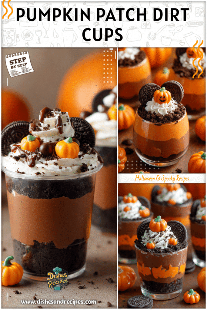 Pumpkin patch themed Halloween dirt cups with candy pumpkins and crushed cookies as spooky treats for kids.