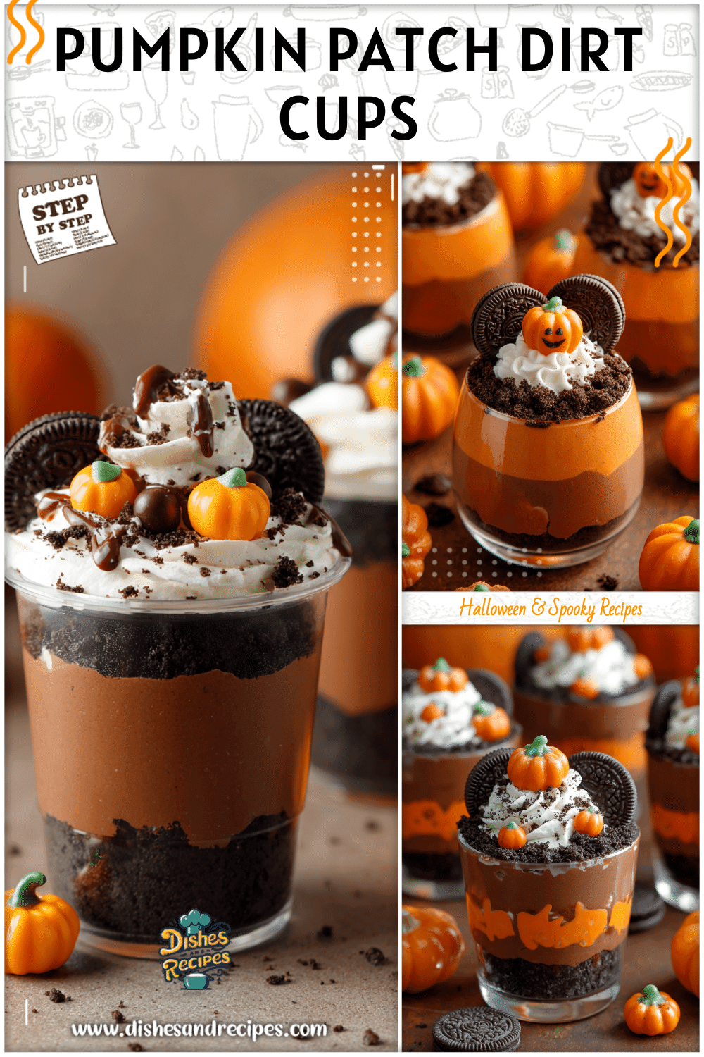 Pumpkin patch themed Halloween dirt cups with candy pumpkins and crushed cookies as spooky treats for kids.