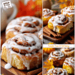 Iced Pumpkin Spice Cinnamon Rolls served on a wooden board beside autumn leaves and cinnamon sticks.