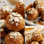 Pumpkin spice protein oat balls topped with oats and cinnamon on a white plate.