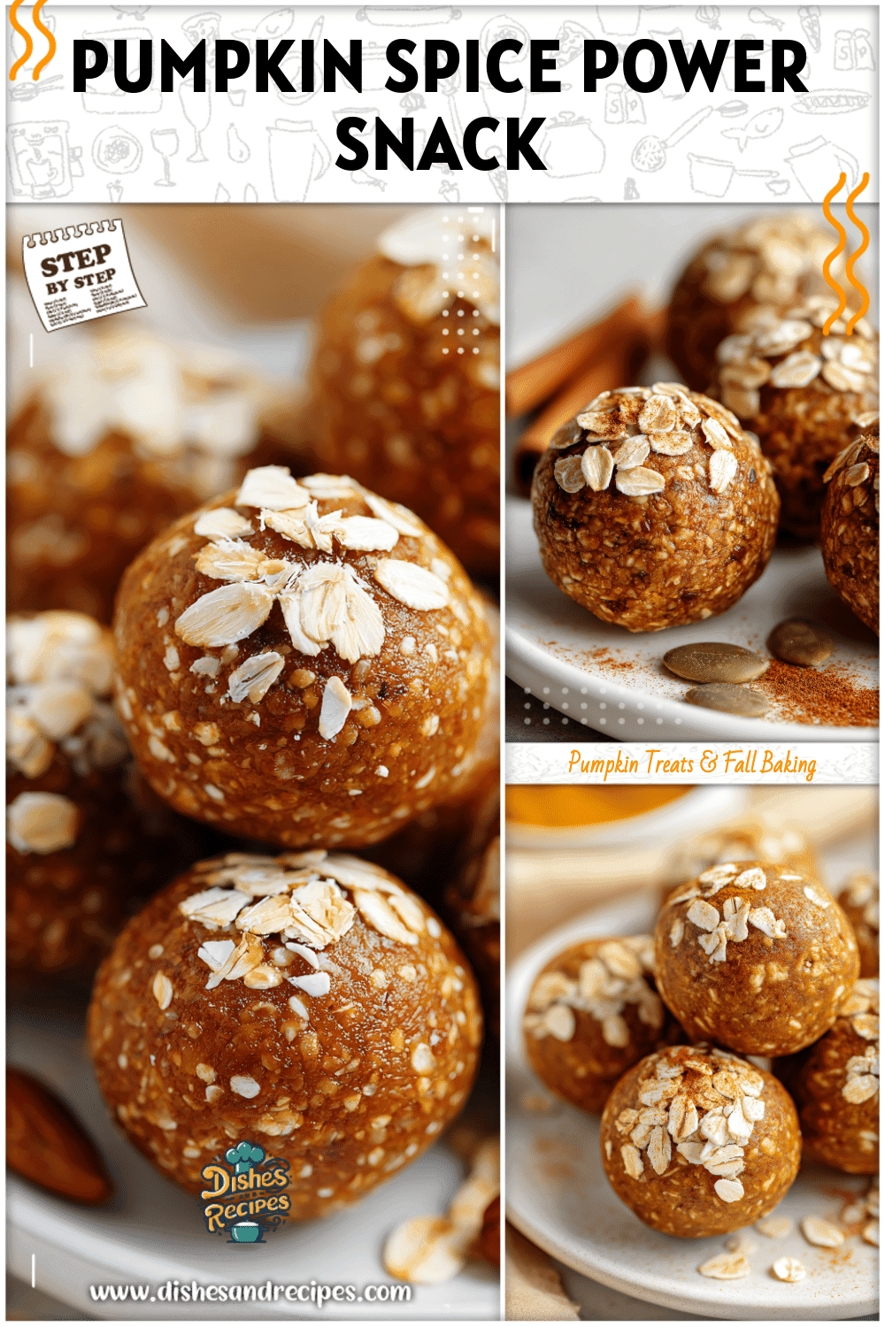 Pumpkin spice protein oat balls topped with oats and cinnamon on a white plate.