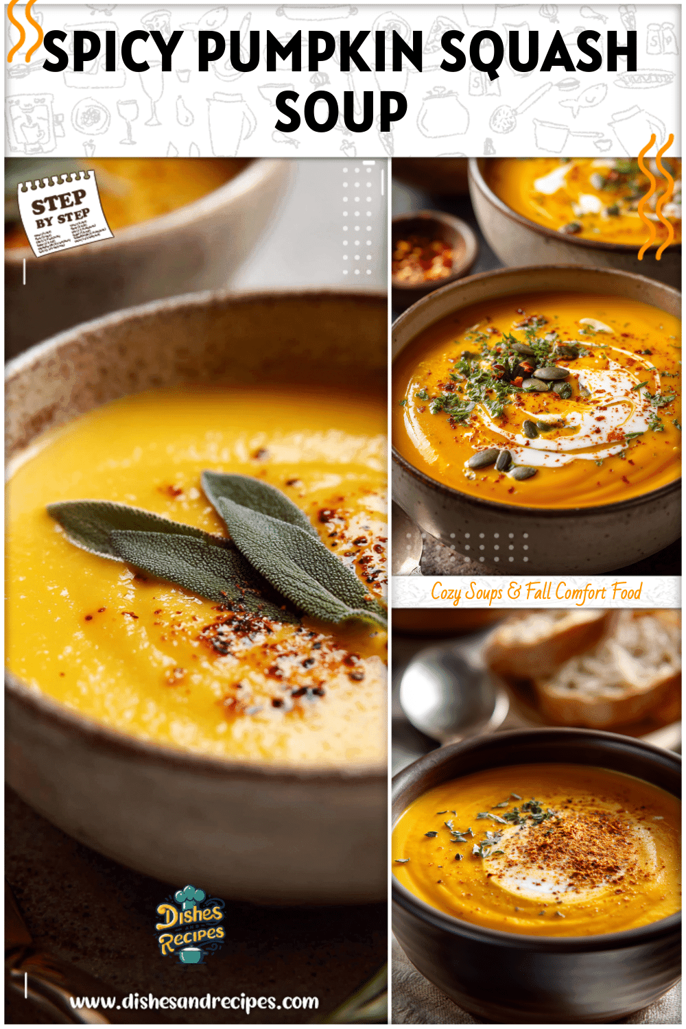 Pumpkin and squash soup with spicy sweet potato served hot in a ceramic bowl