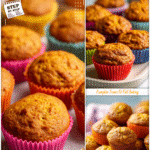Small pumpkin toddler muffins with yogurt arranged in colorful cupcake liners on a tray.