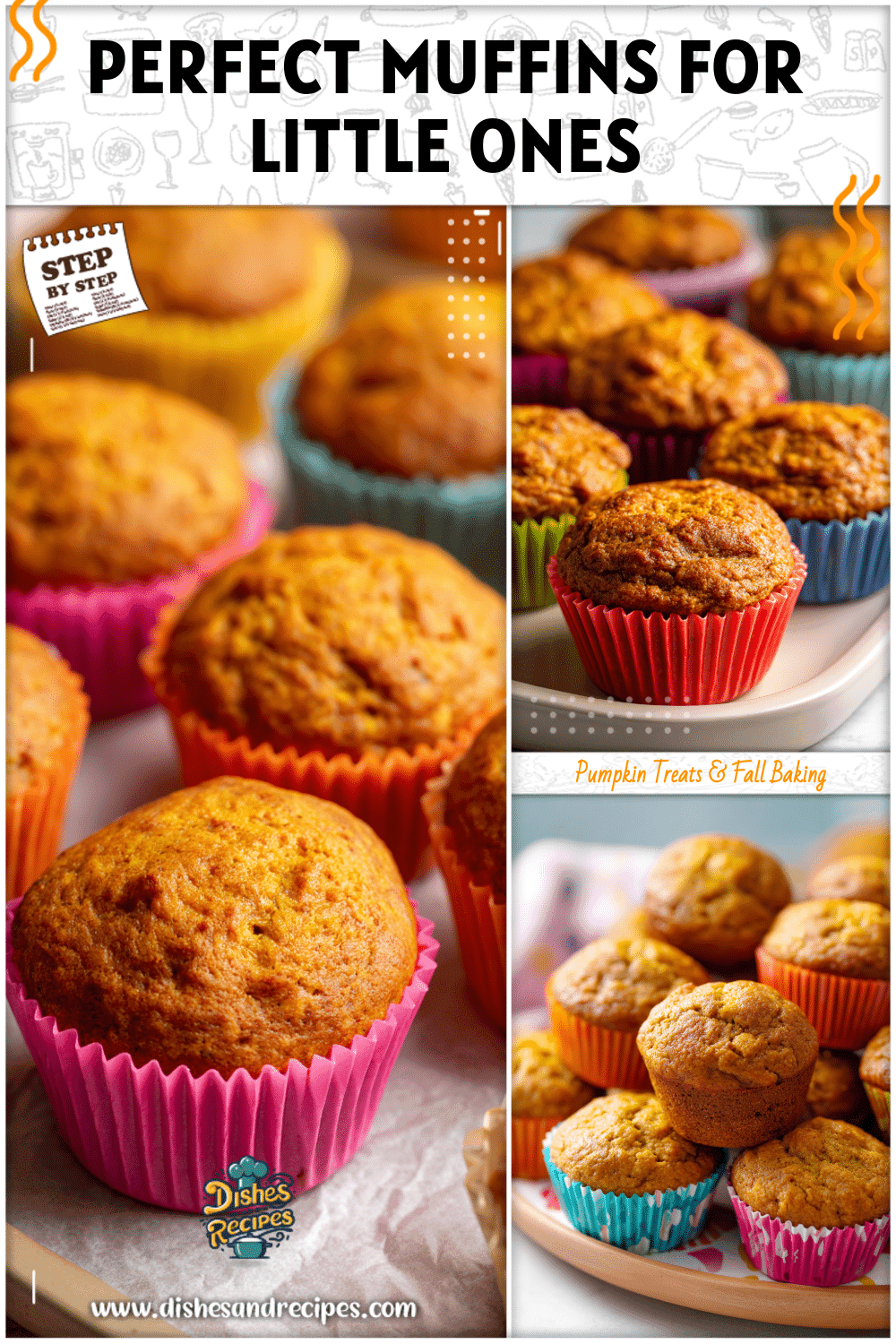 Small pumpkin toddler muffins with yogurt arranged in colorful cupcake liners on a tray.