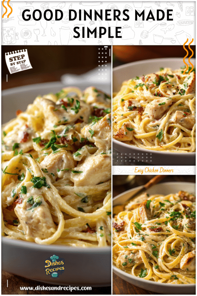 Home 34 Serving of creamy chicken pasta in a white bowl garnished with fresh herbs, ideal for Good College Meals.