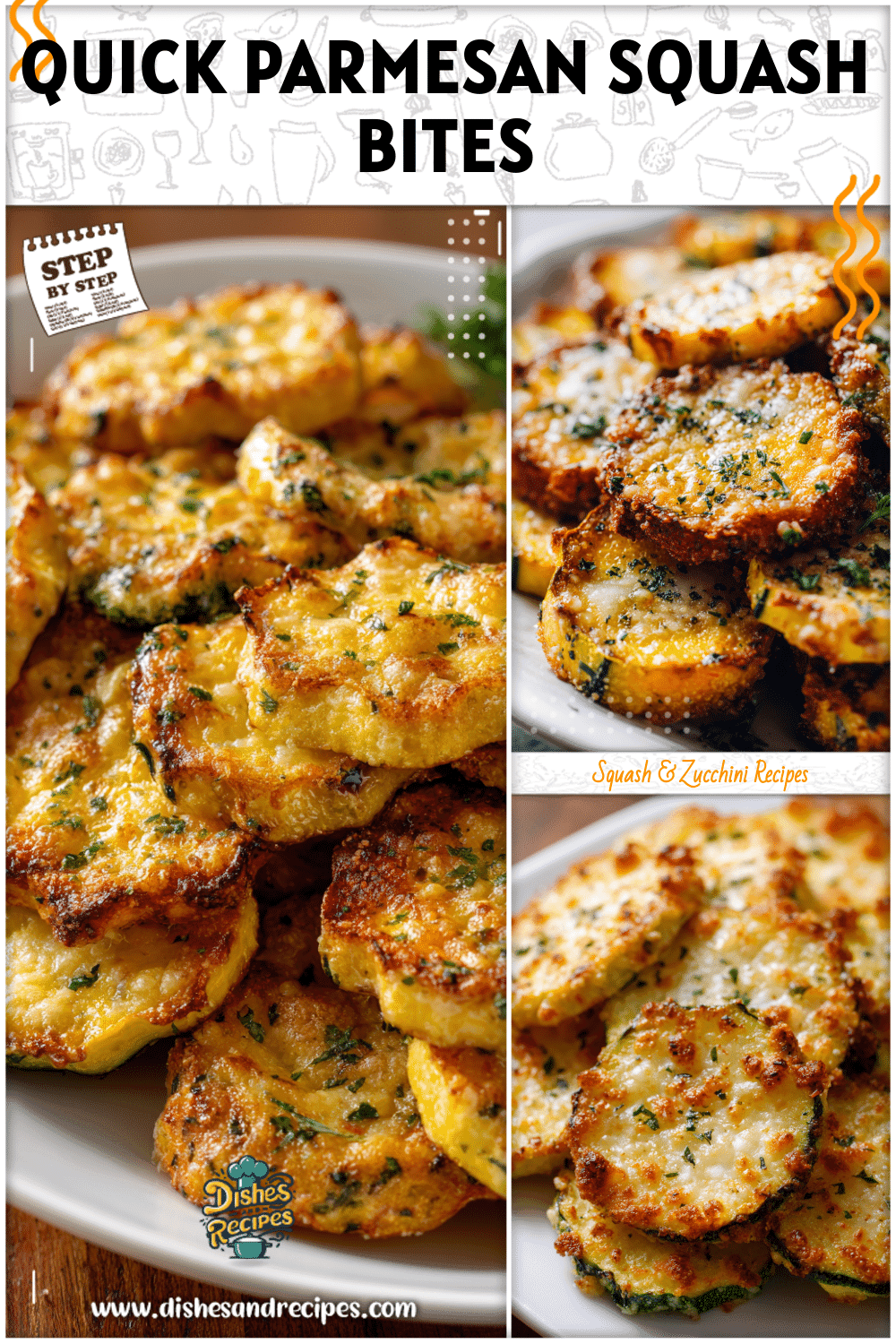 Baked squash slices with bubbly Parmesan cheese served on a white platter