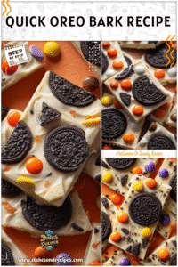 Home 8 White chocolate Oreo bark with candy accents displayed for Halloween Food Day Ideas.