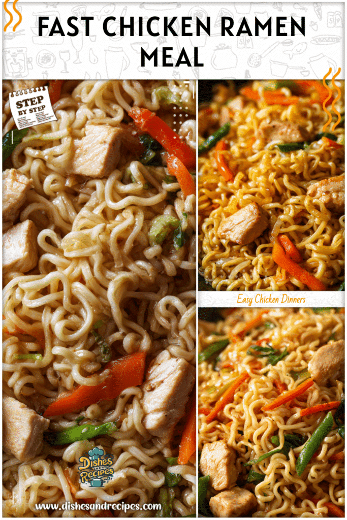 Home 35 Close-up of roman noodles mixed with chicken chunks and bright stir-fried veggies