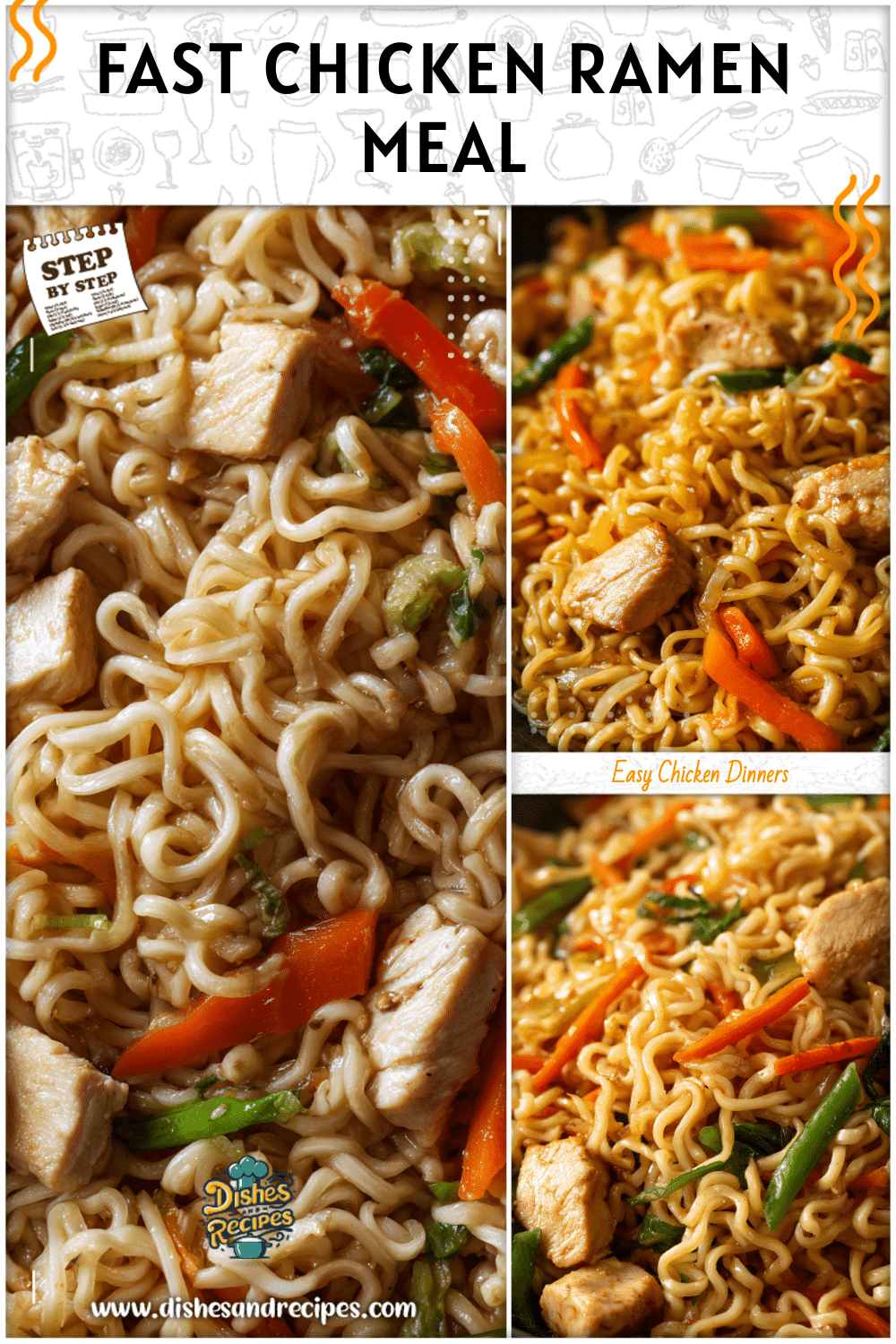 Close-up of roman noodles mixed with chicken chunks and bright stir-fried veggies