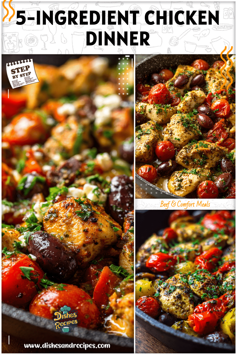 Mediterranean chicken skillet styled for Easy Dinner Recipes 5 Ingredients with fresh herbs and tomatoes.