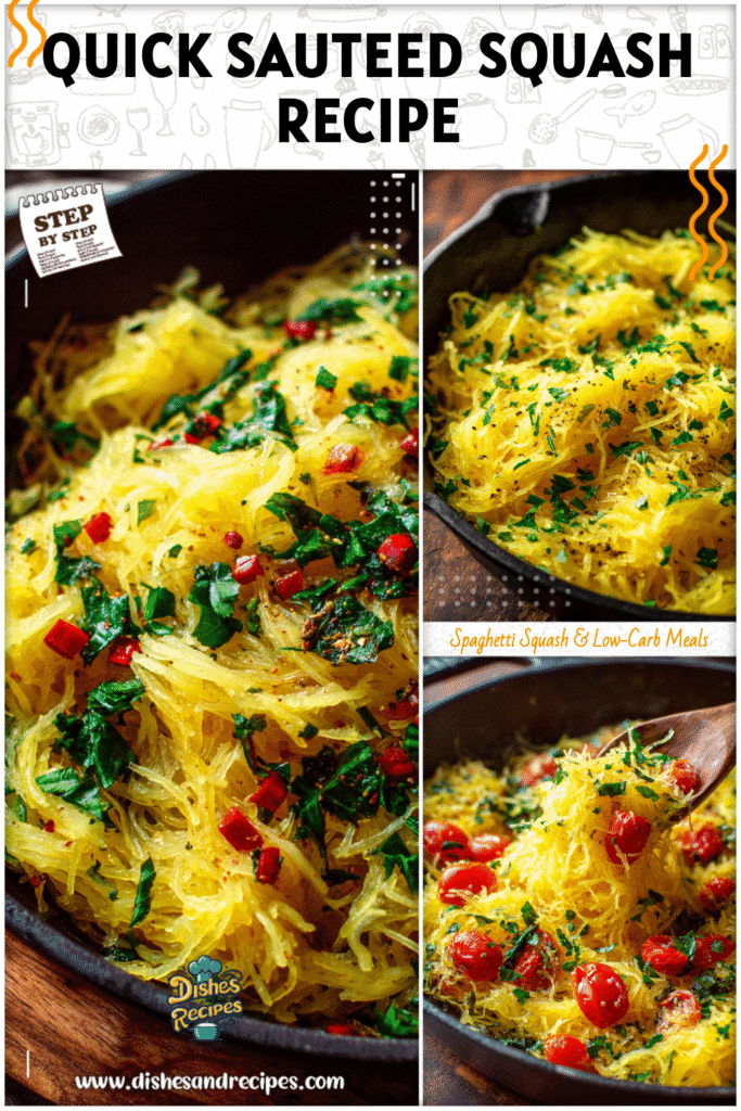Golden sauteed spaghetti squash strands with garlic, olive oil, and parsley in a skillet