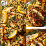 Oven-roasted chicken breast with fresh lemon slices and herbs on a white plate.