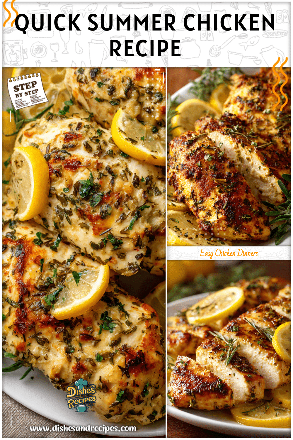 Oven-roasted chicken breast with fresh lemon slices and herbs on a white plate.