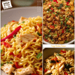 Plate of chicken ramen noodles with chili sauce and vegetables arranged beautifully.