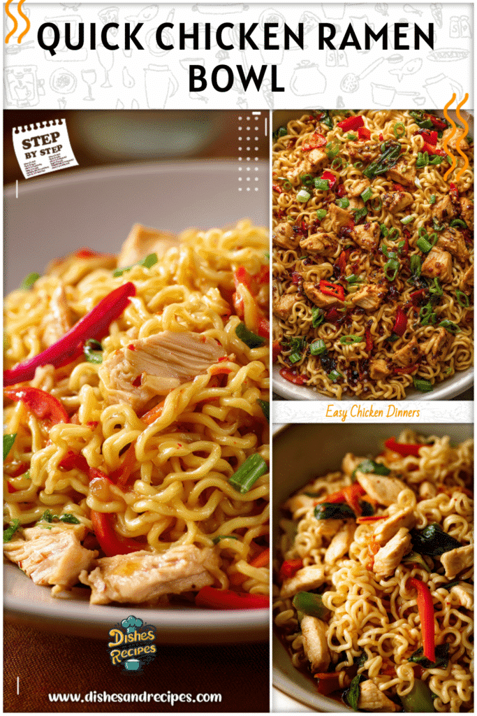 Plate of chicken ramen noodles with chili sauce and vegetables arranged beautifully.