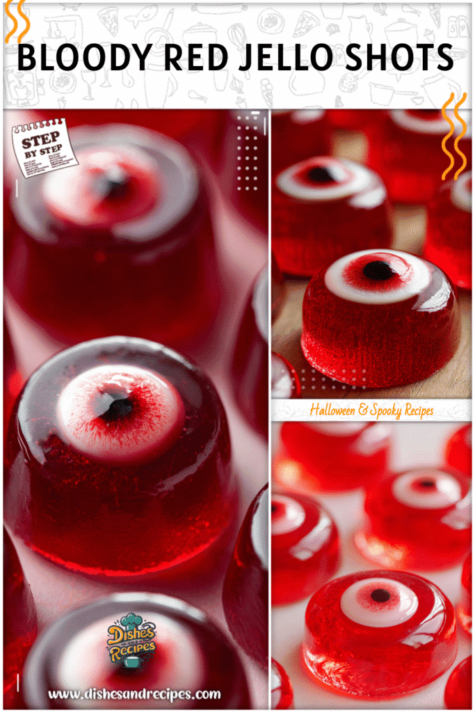 Red Jello shots with eyeball candy centers arranged as Halloween party food