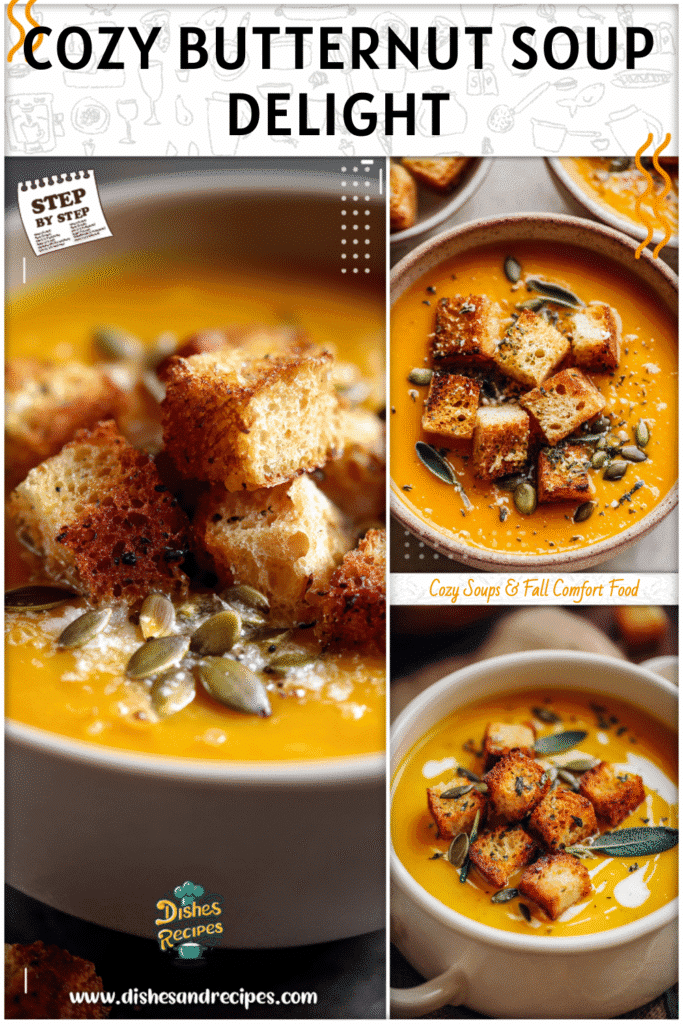 A bowl of roasted butternut squash soup topped with croutons and roasted squash seeds.