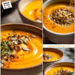Roasted Butternut Squash & Sweet Potato Soup 5 Roasted butternut squash and sweet potato soup in a bowl with toasted seeds and herbs