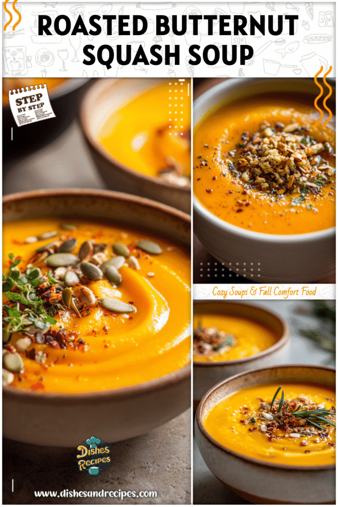 Roasted butternut squash and sweet potato soup in a bowl with toasted seeds and herbs