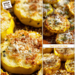 Golden roasted yellow squash slices topped with parmesan for a healthy summer squash side dish.