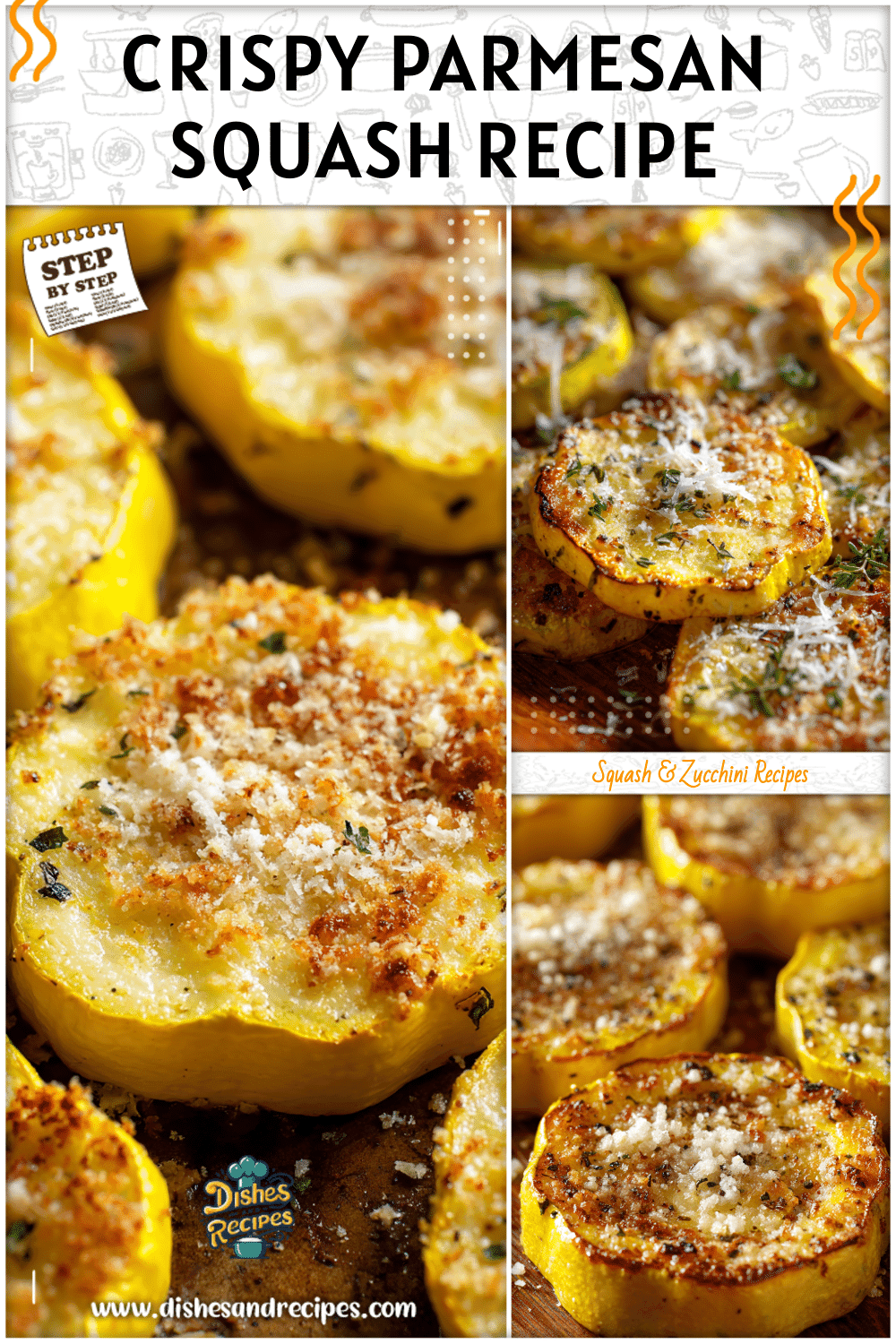 Golden roasted yellow squash slices topped with parmesan for a healthy summer squash side dish.