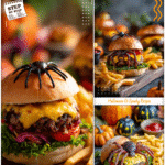 Spider-shaped burger with golden fries on a cutting board surrounded by festive Halloween decorations.
