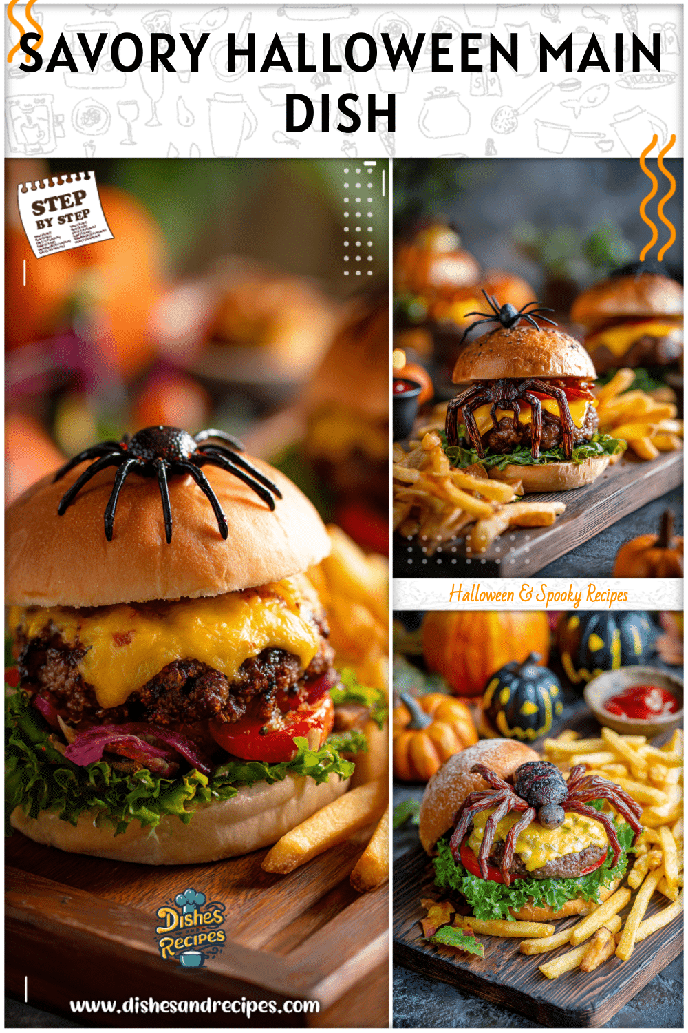 Spider-shaped burger with golden fries on a cutting board surrounded by festive Halloween decorations.
