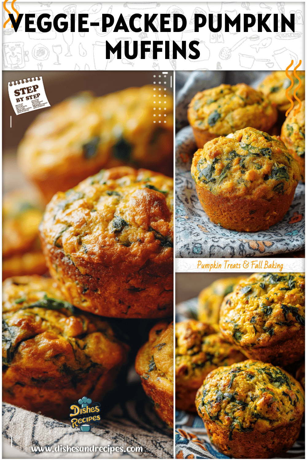 Golden pumpkin spinach muffins baked with Greek yogurt shown on a patterned napkin.