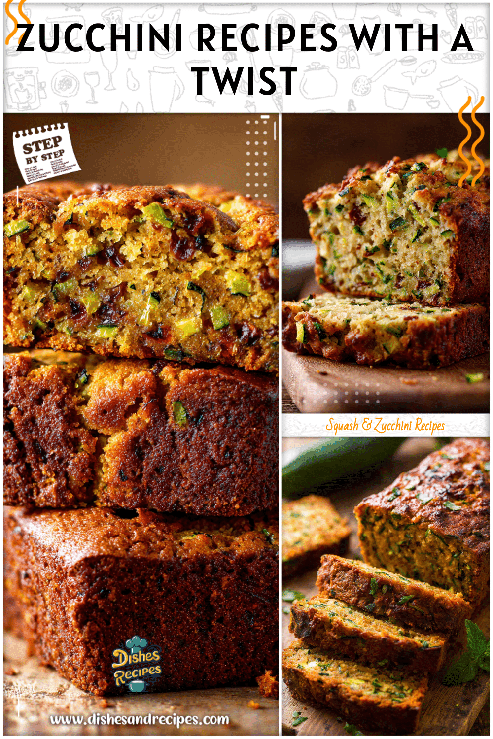 An assortment of zucchini recipes including savory Indian dishes and a rich chocolate zucchini bread loaf.