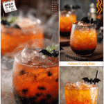 Orange and black layered cocktail with a bat stirrer, perfect as a signature Halloween cocktail.