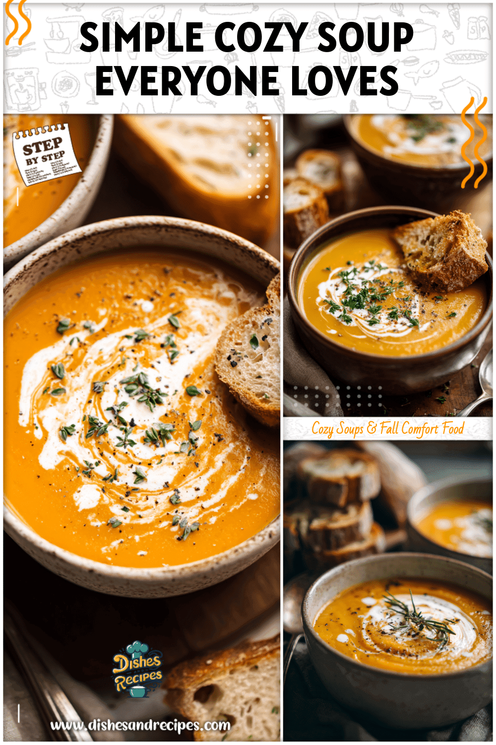 A bowl of butternut soup recipe styled with a drizzle of cream and rustic bread