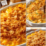 Oven baked squash casserole topped with golden breadcrumbs served on a wooden table