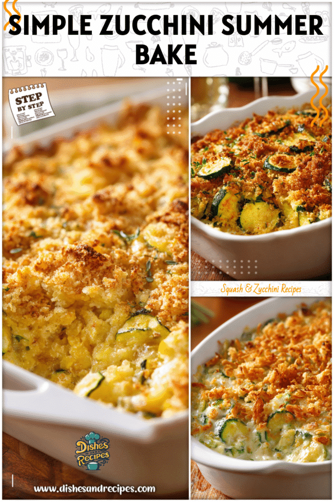 Summer squash and zucchini casserole served with golden crisp topping in a white baking dish.